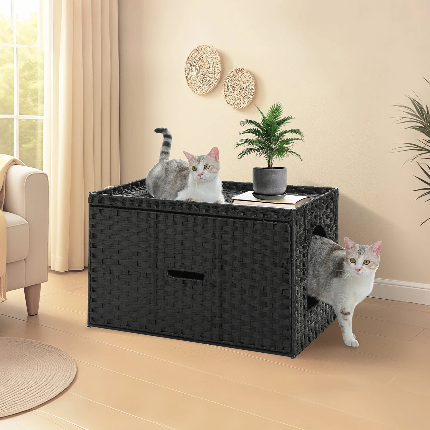 PEQULTICN Rattan Cat Litter Box Enclosure With Tall Doorway