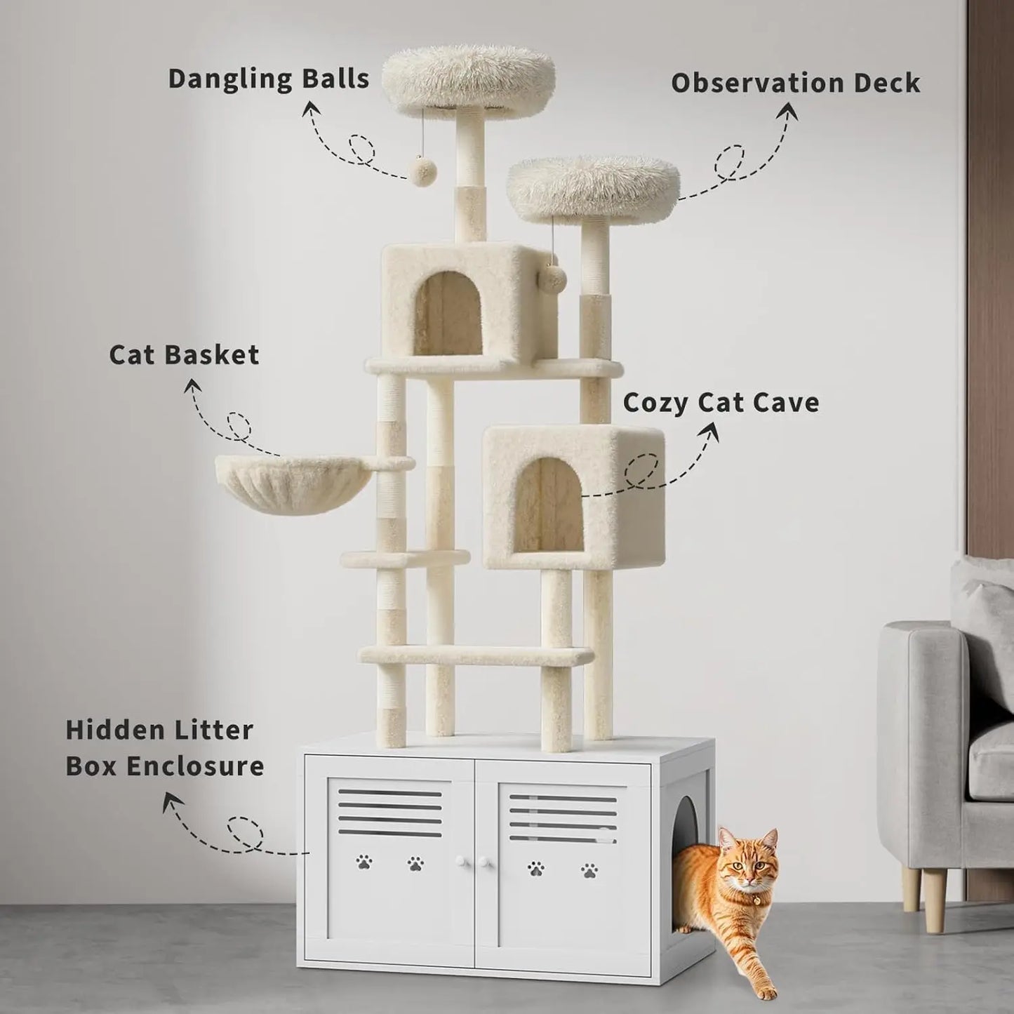 75.6 Inch Tall Cat Tree with Litter Box Enclosure 2 in 1 Modern Large Cat Tower for Indoor Cats with Double Condos and Scratching Posts