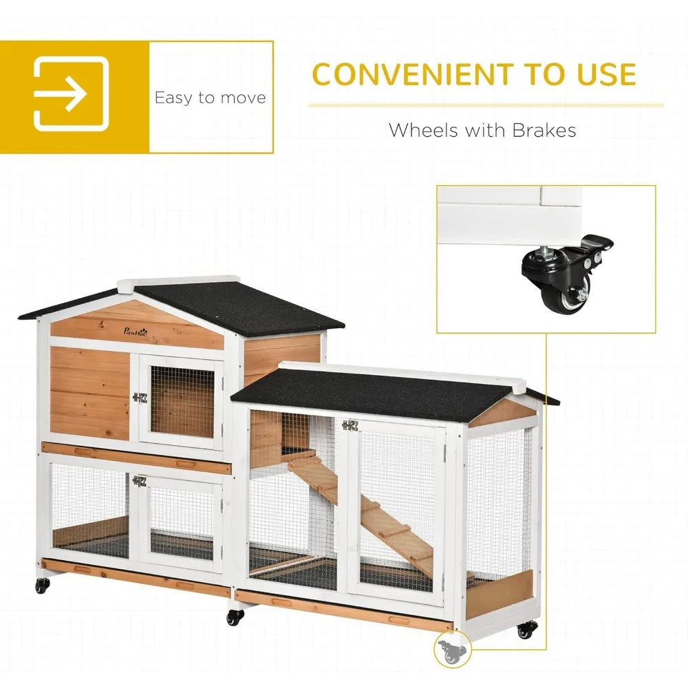62 Inch Rabbit Hutch Wooden Bunny Hutch Guinea Pig Cage Small Animal Enclosure with Wheels Run Area Removable Tray Asphalt Roof
