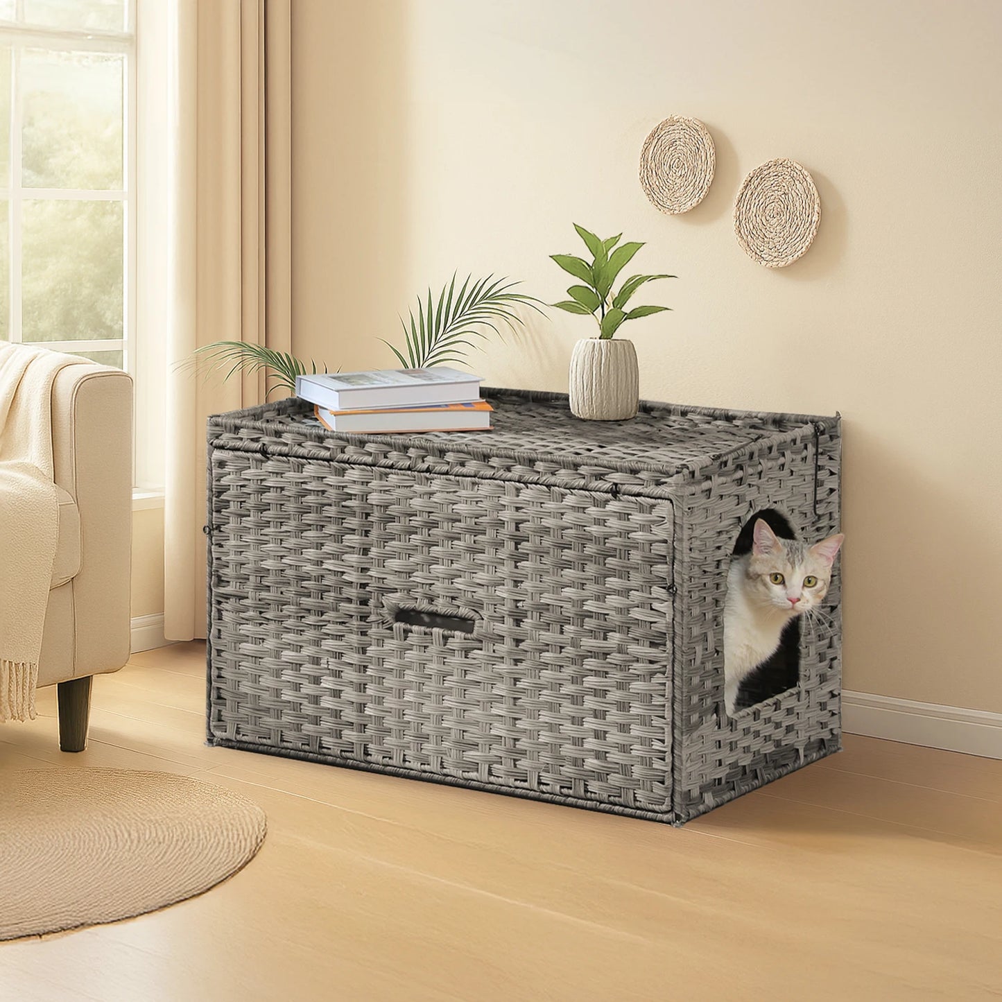 PEQULTICN Rattan Cat Litter Box Enclosure With Tall Doorway
