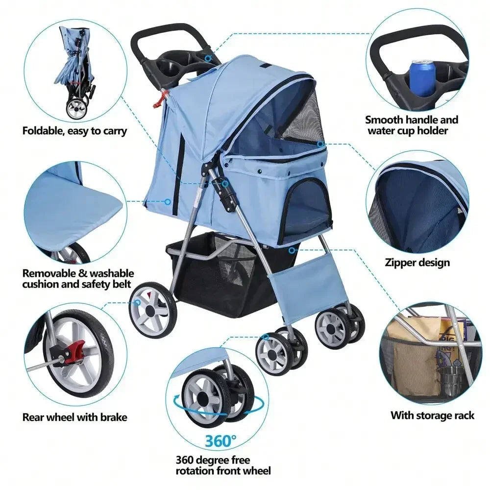 Blue 4 Wheel Pet Stroller for Cats and Dogs Foldable Carrier Jogger Travel with Basket
