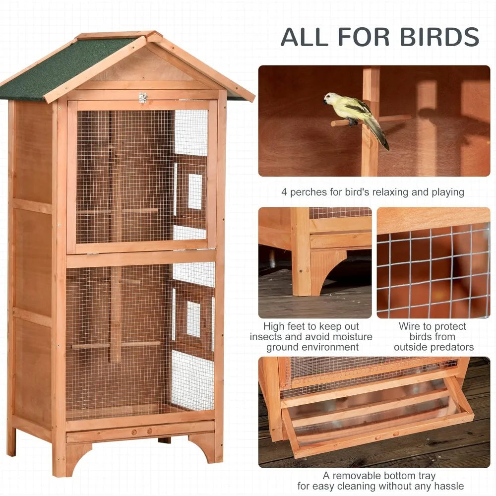 60 Inch Wooden Outdoor Bird Cage for Finches and Parakeets Large Bird Cage with Removable Bottom Tray and Four Perches Orange