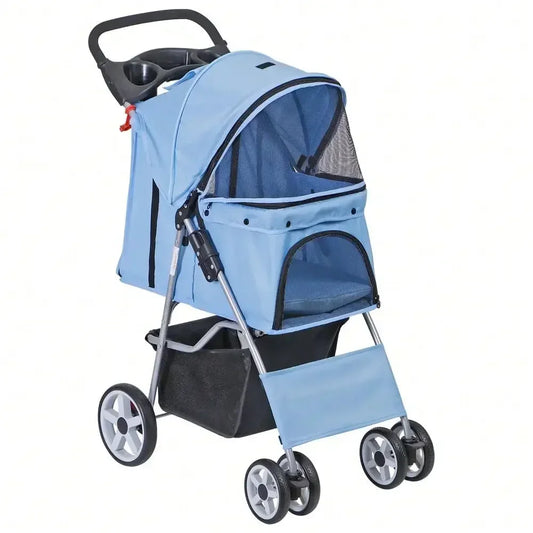 Blue 4 Wheel Pet Stroller for Cats and Dogs Foldable Carrier Jogger Travel with Basket