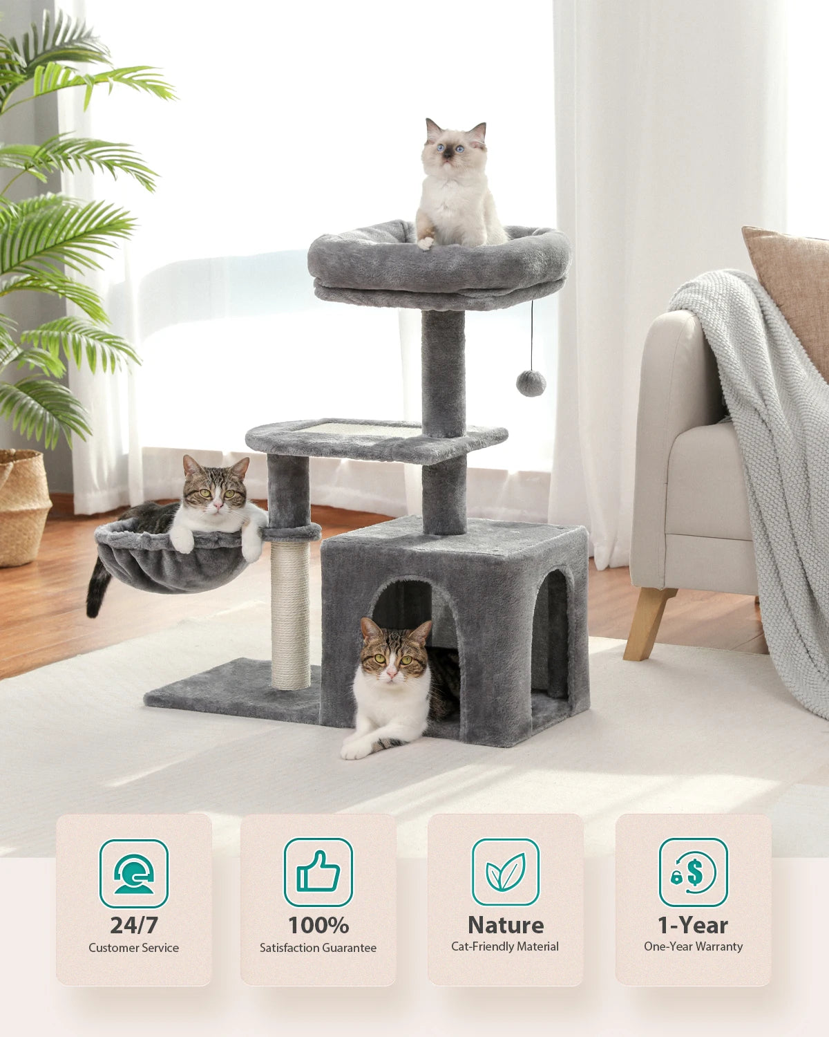 Cat Tree Cat Tower for Indoor Cats with Big Hammock Removable Top Perch and Scratching Posts Grey