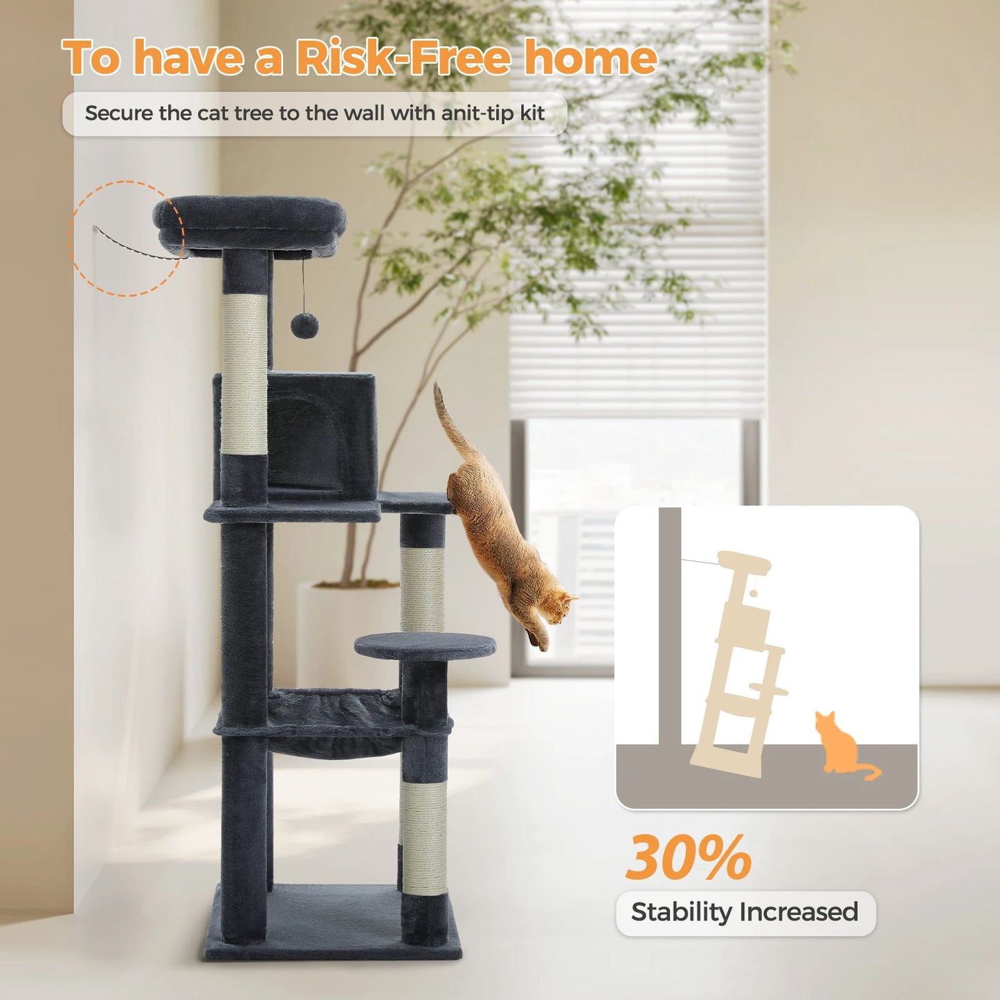 Cat Tree for Indoor Cats 5 Level Cat Tower with Large Hammock and Cozy Condo for Large Cats