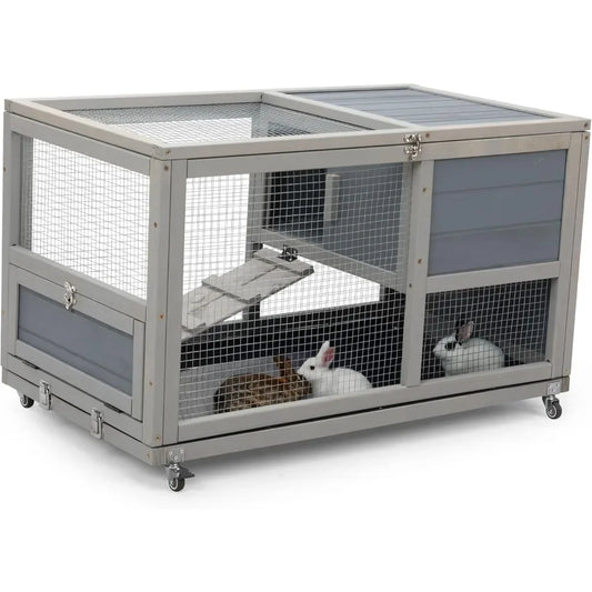 Fashionable Wood 36 Inch Rabbit Hutch Indoor on Wheels Bunny Cage Outdoor Rabbit Cage with Clean Tray and Openable Roof