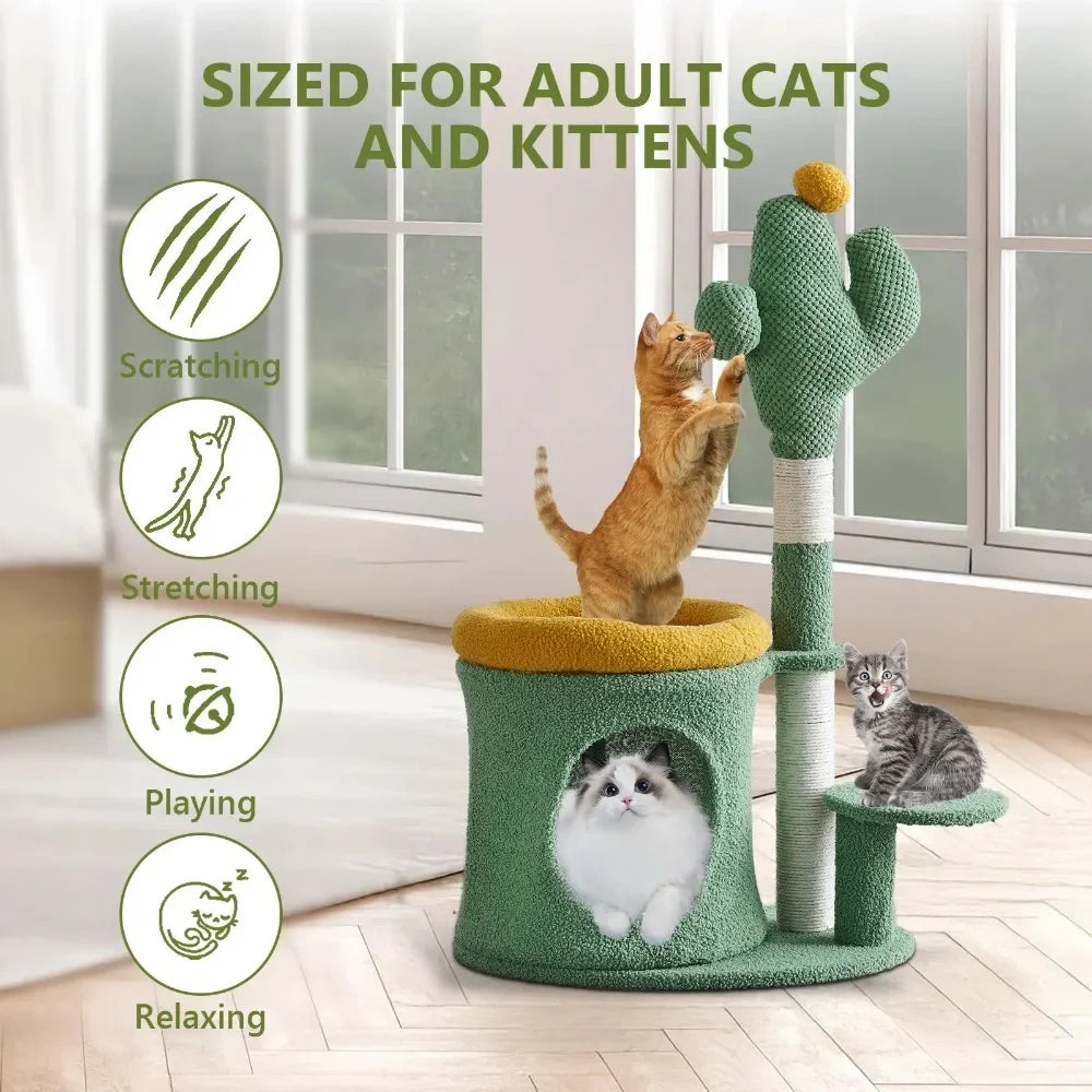 32 Inch Cat Tree with Cactus Cat Scratching Post Cozy Cat House for Indoor Cats Green