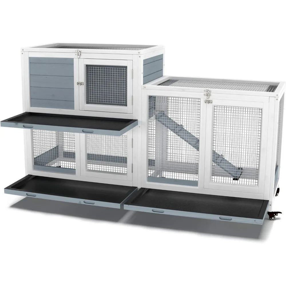 Two Floors 58" Wooden Indoor Bunny Hutch Rabbit Cage on Wheels Guinea Pig PET House for Small to Medium Animals Waterproof No L