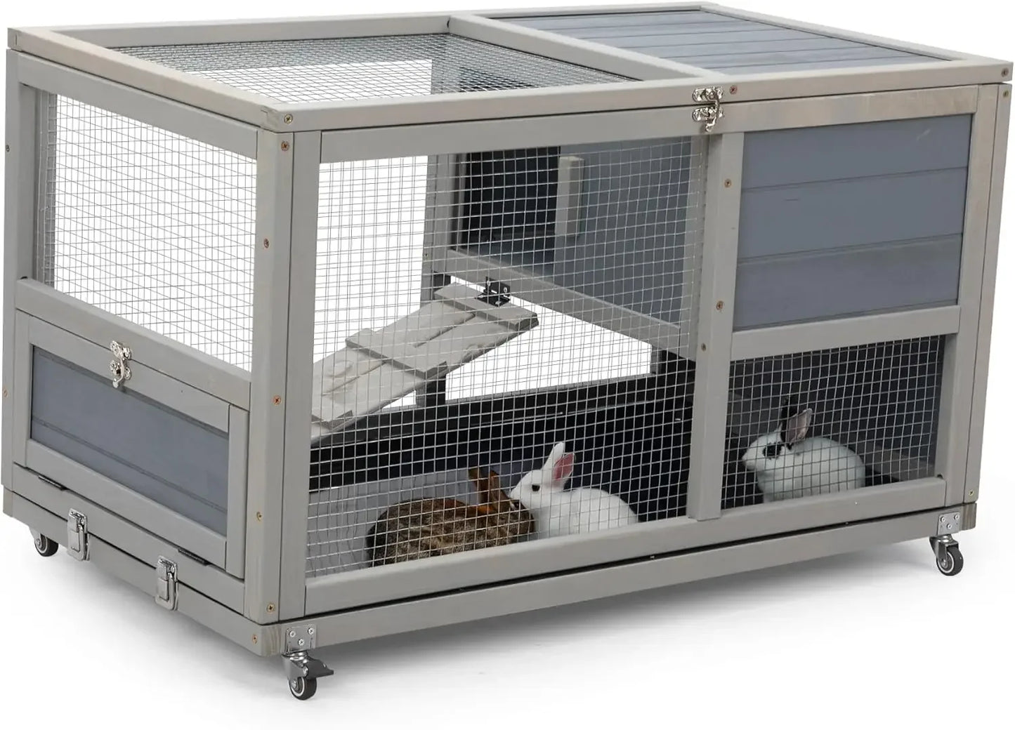 Fashionable Wood 36 Inch Rabbit Hutch Indoor on Wheels Bunny Cage Outdoor Rabbit Cage with Clean Tray and Openable Roof