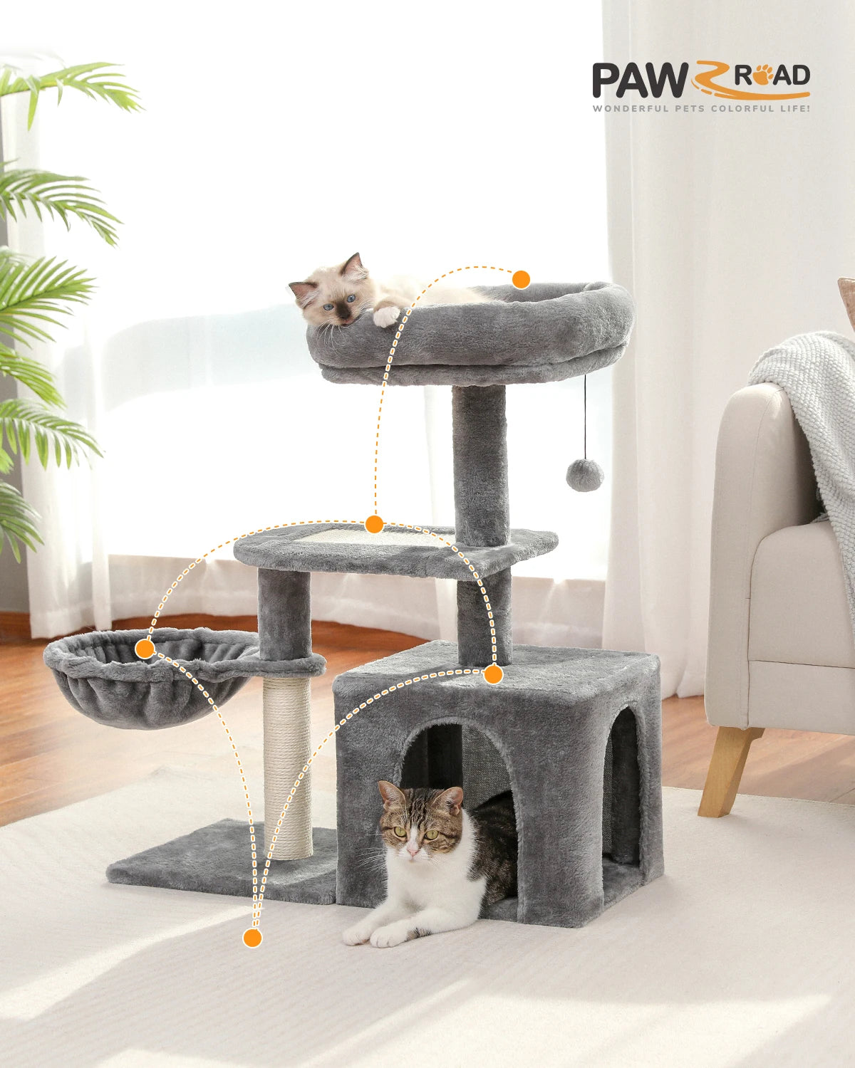 H228cm Cat Tree Toy Condo Multi-Layer Climbing Tower with Hammock Solid Wood Post for Cats