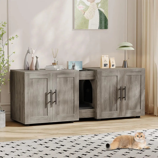 Cat Litter Box Enclosure Indoor Cat House Wooden Pet House Side End Table Hidden Litter Box Furniture Double Rooms Spacious Design