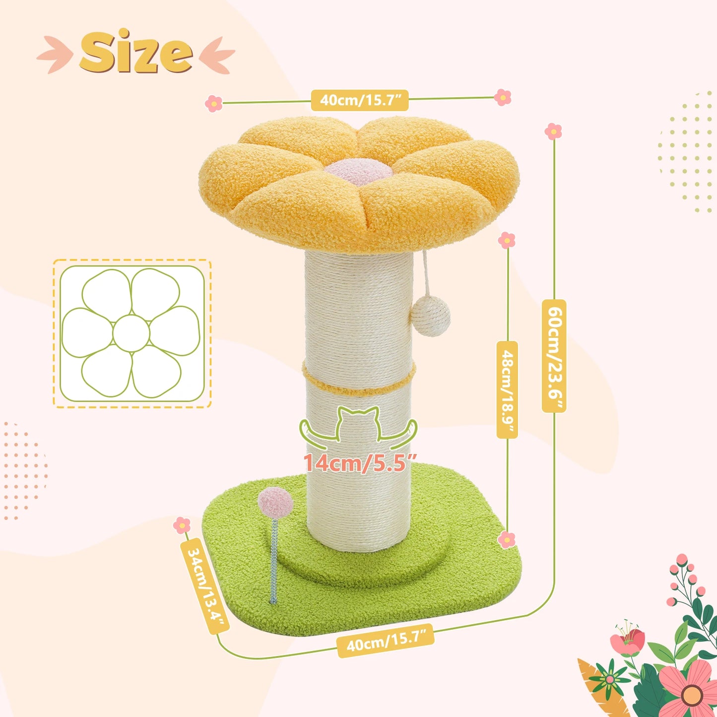 Flower Cat Scratching Post Small Cat Tree Tower Cat Scratcher Indoor Cats Super Thick Scratching Post Removable Cat Bed