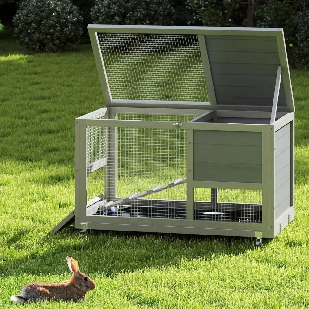 Fashionable Wood 36 Inch Rabbit Hutch Indoor on Wheels Bunny Cage Outdoor Rabbit Cage with Clean Tray and Openable Roof