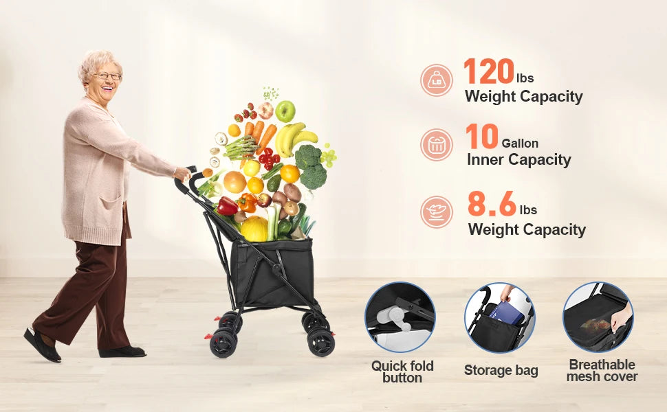 Shopping Cart Folding Portable  Durable Lightweight Market Purchase Bag Trolley with 4 Wheels,Pet Stroller,For Picnic