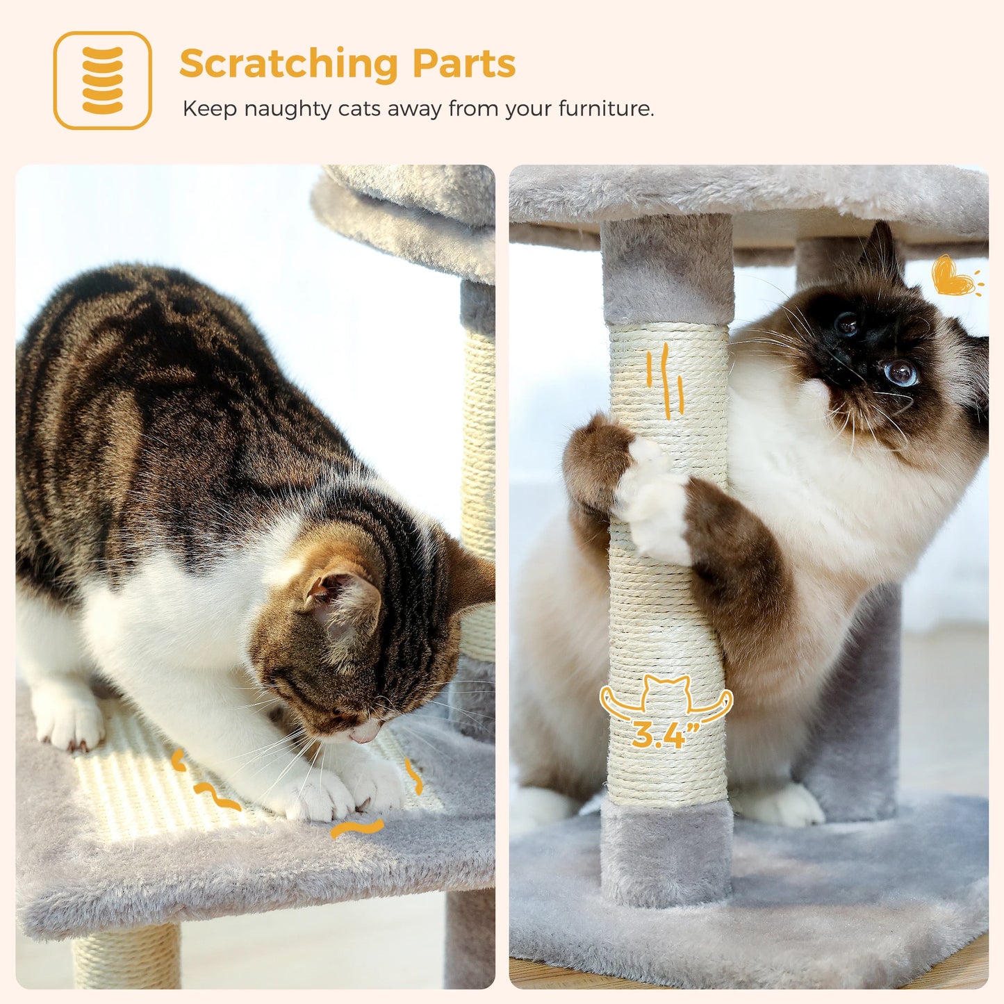 Cat Tree Cat Tower for Indoor Cats with Big Hammock Removable Top Perch and Scratching Posts Grey