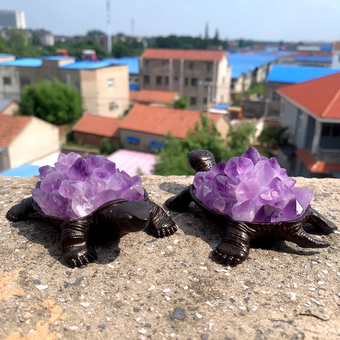 1PC Natural Amethyst Flowers Cluster Purple Quartz Carved Tortoise Animal Figurines Energy Gemstones Home Decoration