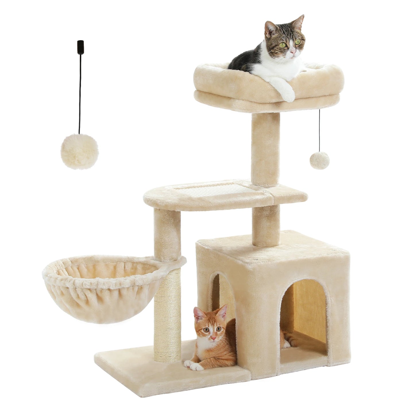 H228cm Cat Tree Toy Condo Multi-Layer Climbing Tower with Hammock Solid Wood Post for Cats