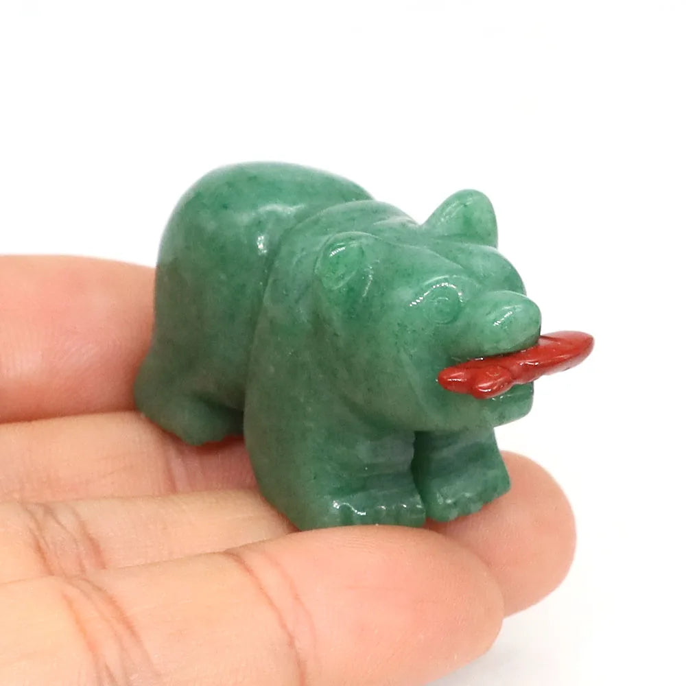 1.6" Natural Crystal Bear With Fish Figurine Healing Reiki Gemstone Carving Animal Statue Small Home Decoration Present Souvenir