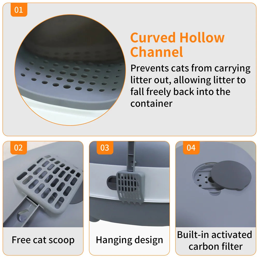 Large Cat Litter Box Enclosed with Scoop Odorless Hooded Litter Tray Deep Cat Toilet Pan Easy Clean Non-Stick