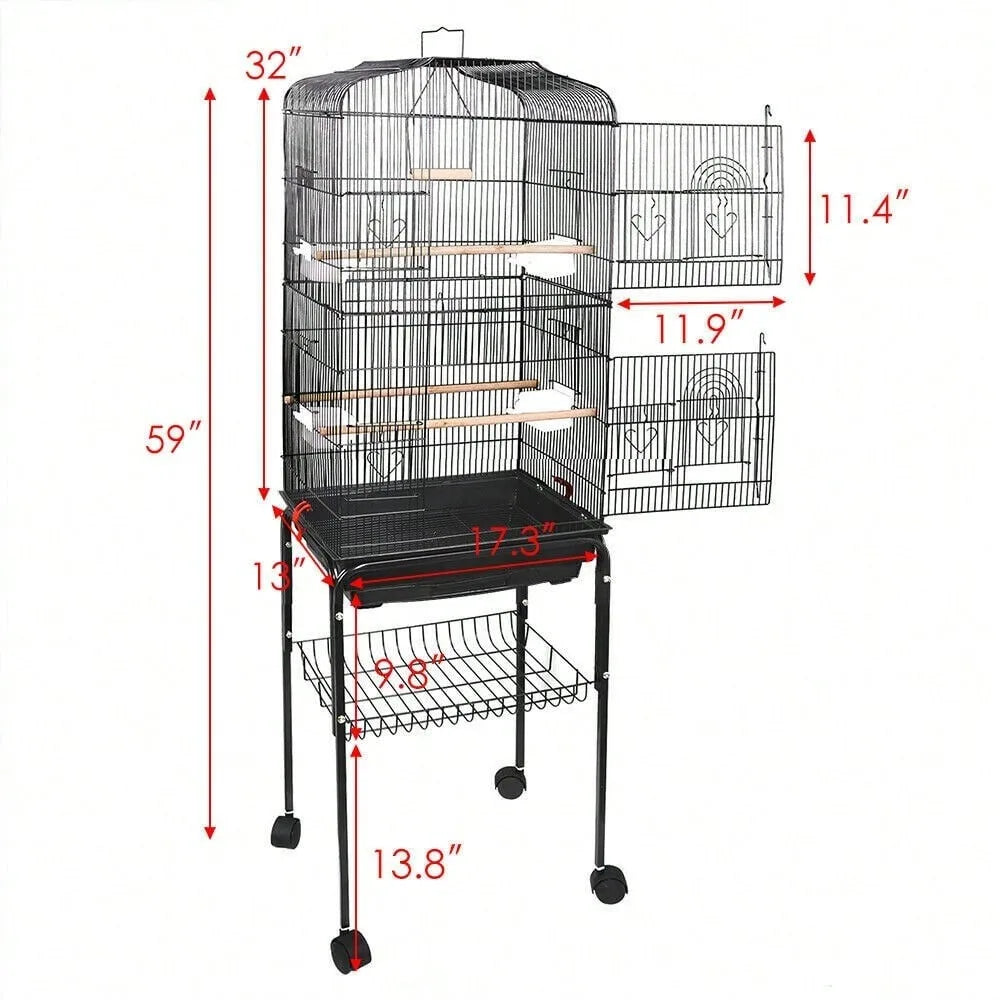 59 Inch Tall Rolling Bird Cage for Cockatiel Parakeet Finch Canary with Stand and Tray