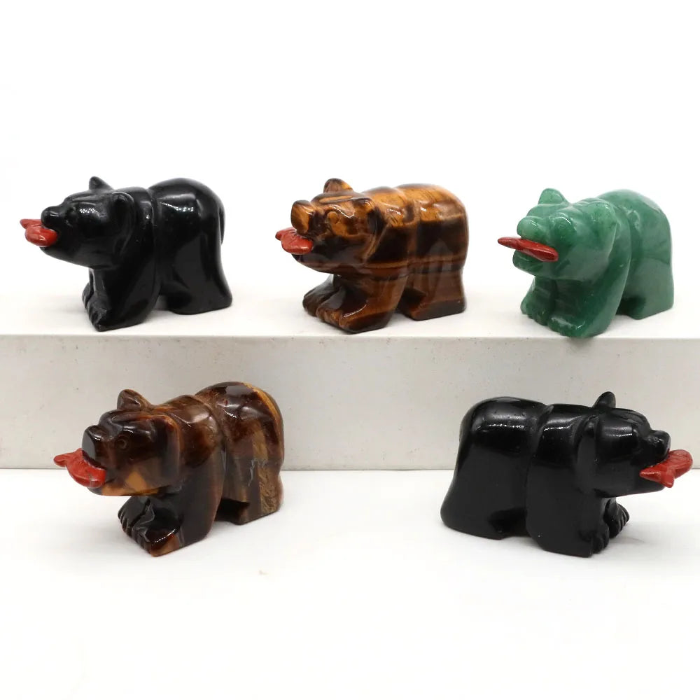 1.6" Natural Crystal Bear With Fish Figurine Healing Reiki Gemstone Carving Animal Statue Small Home Decoration Present Souvenir