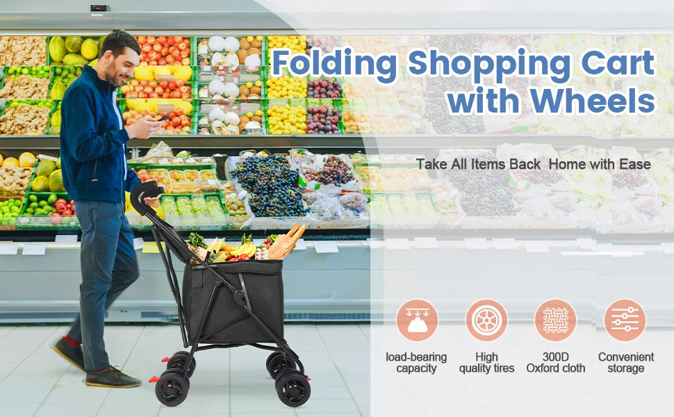 Shopping Cart Folding Portable  Durable Lightweight Market Purchase Bag Trolley with 4 Wheels,Pet Stroller,For Picnic