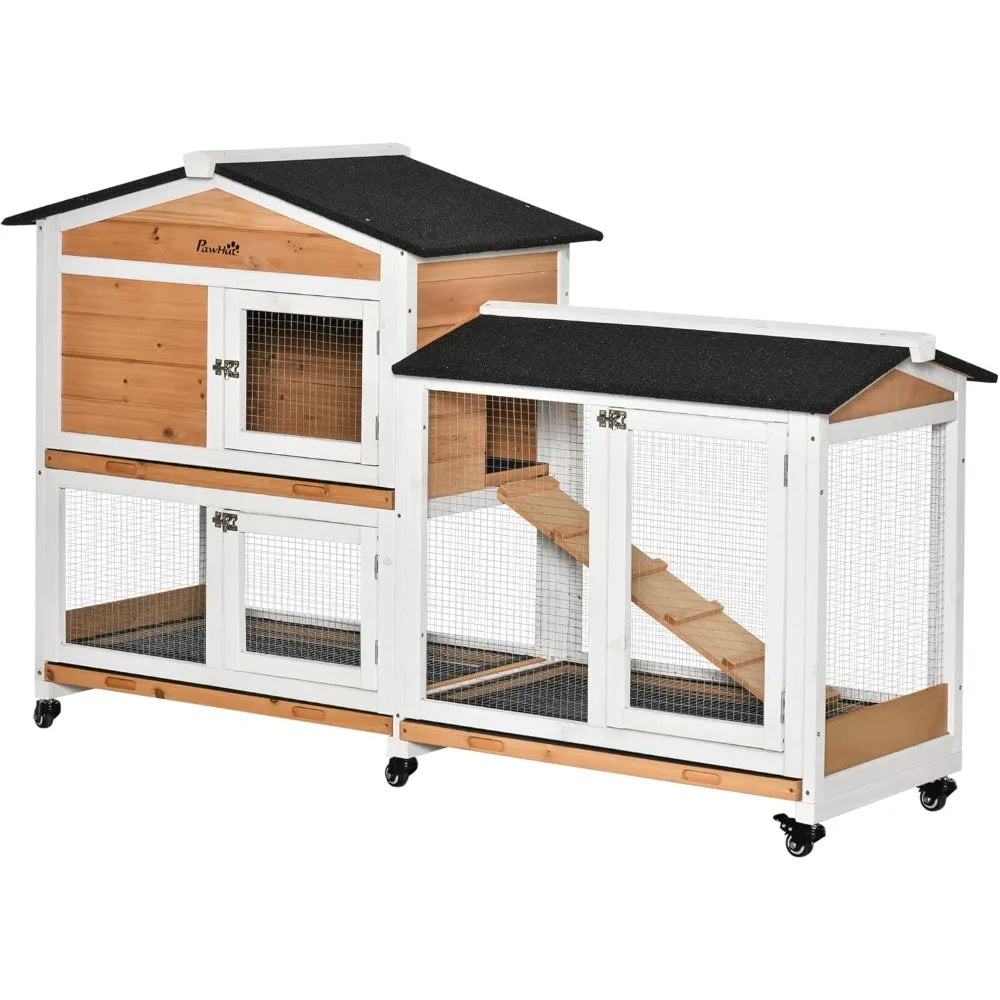 62 Inch Rabbit Hutch Wooden Bunny Hutch Guinea Pig Cage Small Animal Enclosure with Wheels Run Area Removable Tray Asphalt Roof
