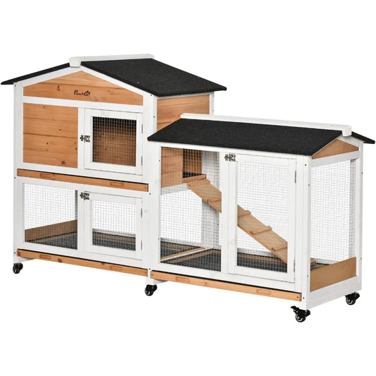 62 Inch Rabbit Hutch Wooden Bunny Hutch Guinea Pig Cage Small Animal Enclosure with Wheels Run Area Removable Tray Asphalt Roof
