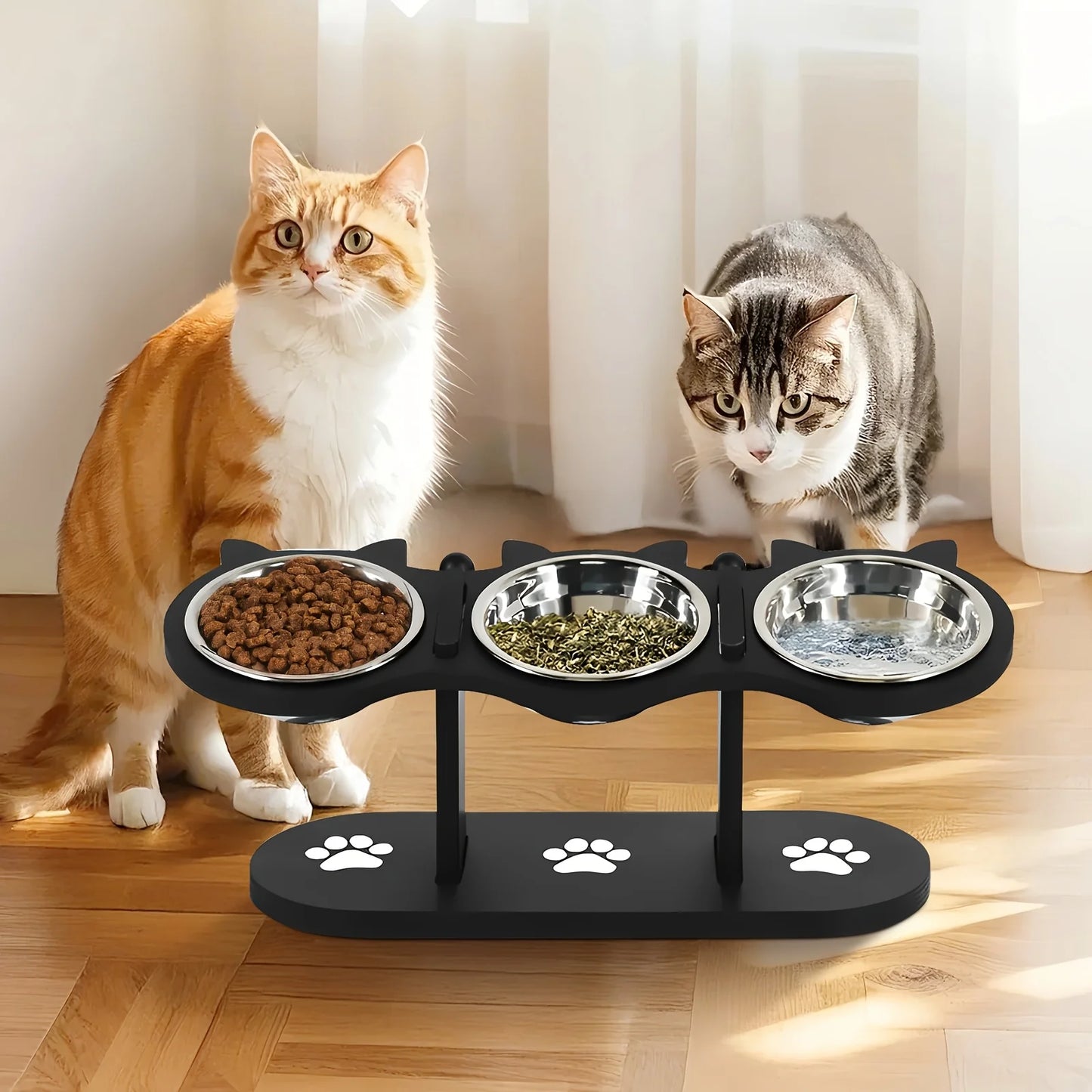 Raised Cat Bowls With Wooden Stand And Stainless Steel Bowls