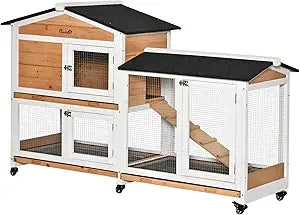 62 Inch Rabbit Hutch Wooden Bunny Hutch Guinea Pig Cage Small Animal Enclosure with Wheels Run Area Removable Tray Asphalt Roof