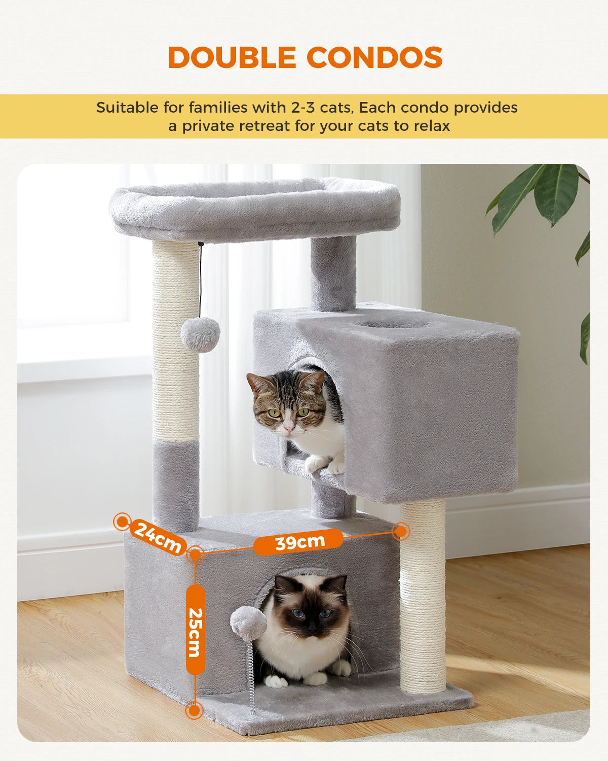 Cat Tree for Large Cats Indoor Cat Tower up to 10kg with 2 Large Condos Scratching Posts and Large Perch