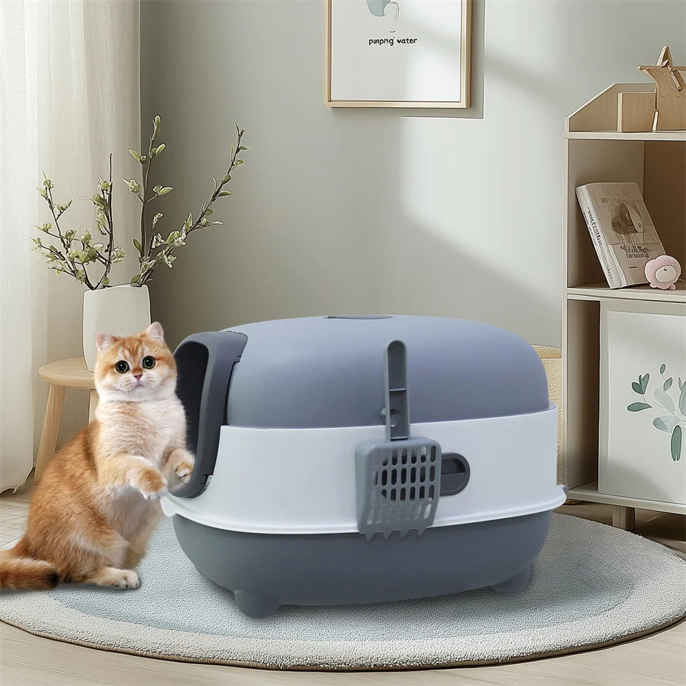 Large Cat Litter Box Enclosed with Scoop Odorless Hooded Litter Tray Deep Cat Toilet Pan Easy Clean Non-Stick