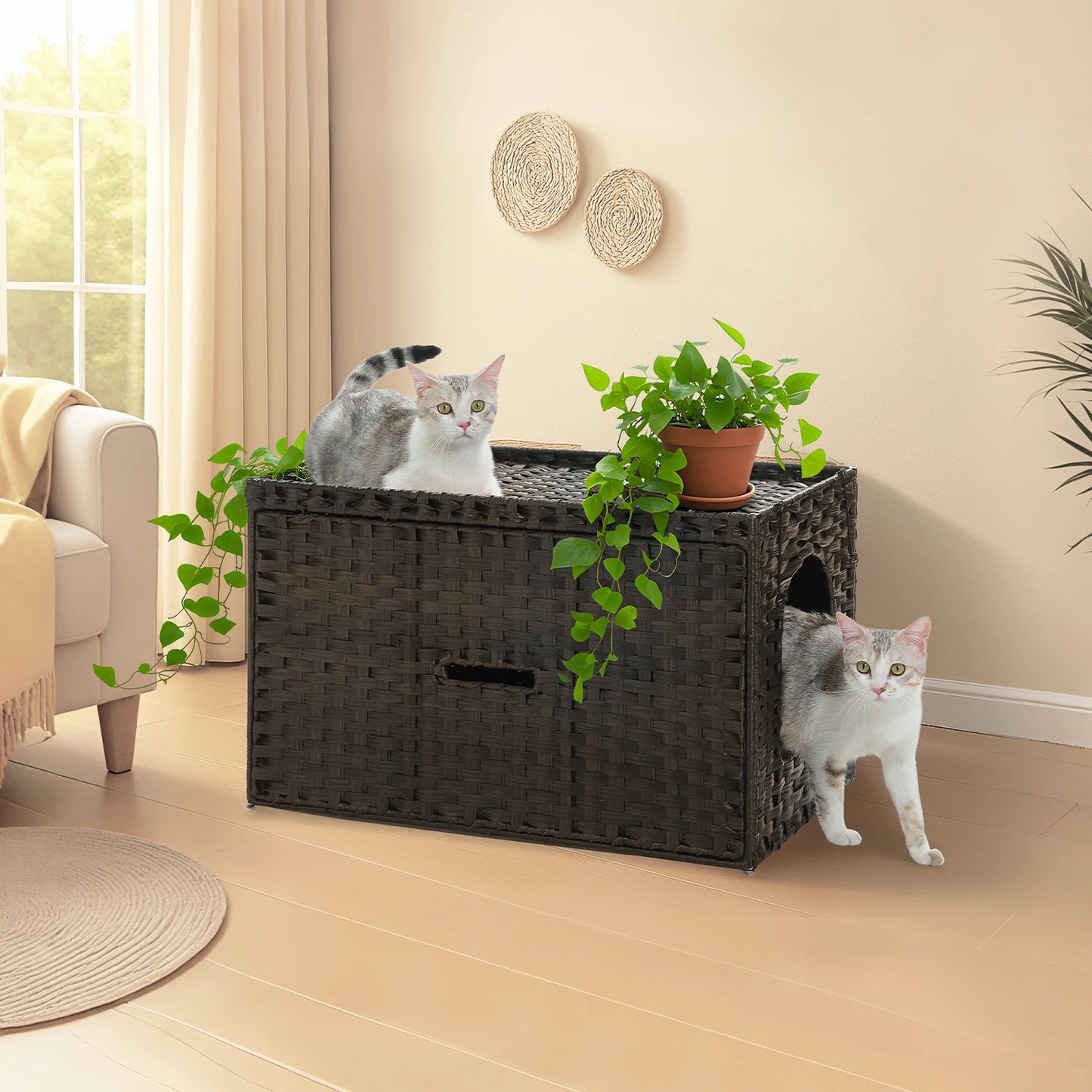PEQULTICN Rattan Cat Litter Box Enclosure With Tall Doorway