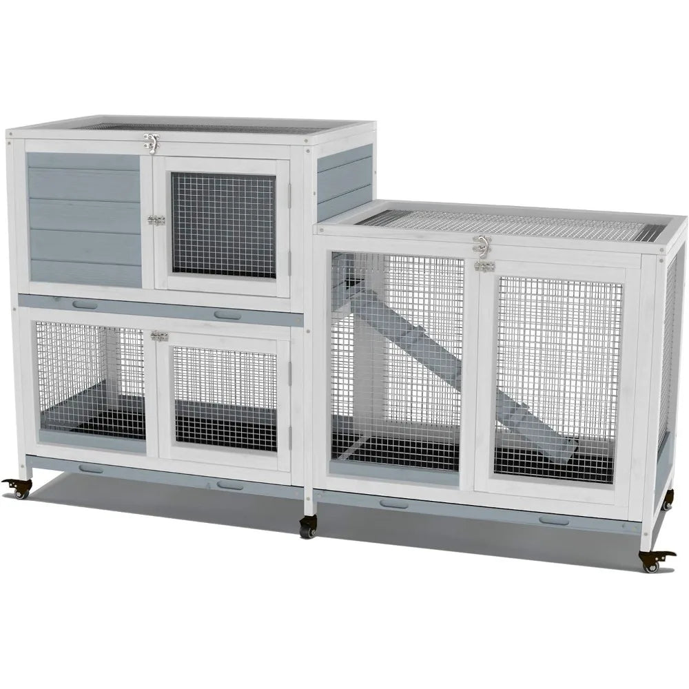 Two Floors 58" Wooden Indoor Bunny Hutch Rabbit Cage on Wheels Guinea Pig PET House for Small to Medium Animals Waterproof No L
