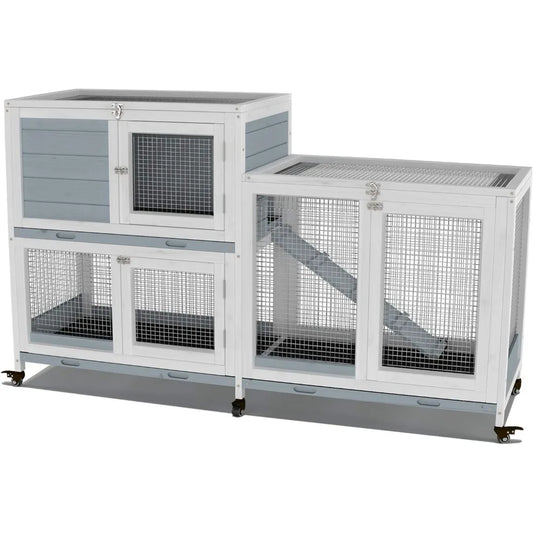 Two Floors 58" Wooden Indoor Bunny Hutch Rabbit Cage on Wheels Guinea Pig PET House for Small to Medium Animals Waterproof No L