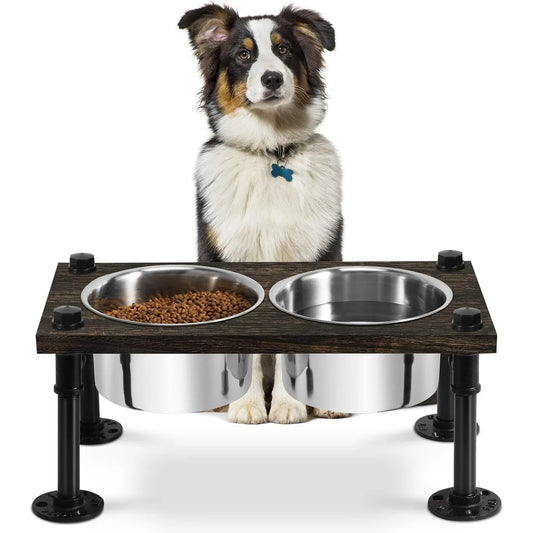 Raised Dog Bowl Stand for Large Dogs | Farmhouse Feeder w/ 2 Stainless Bowls | Waterproof Wood Board & Rustic Brown Design