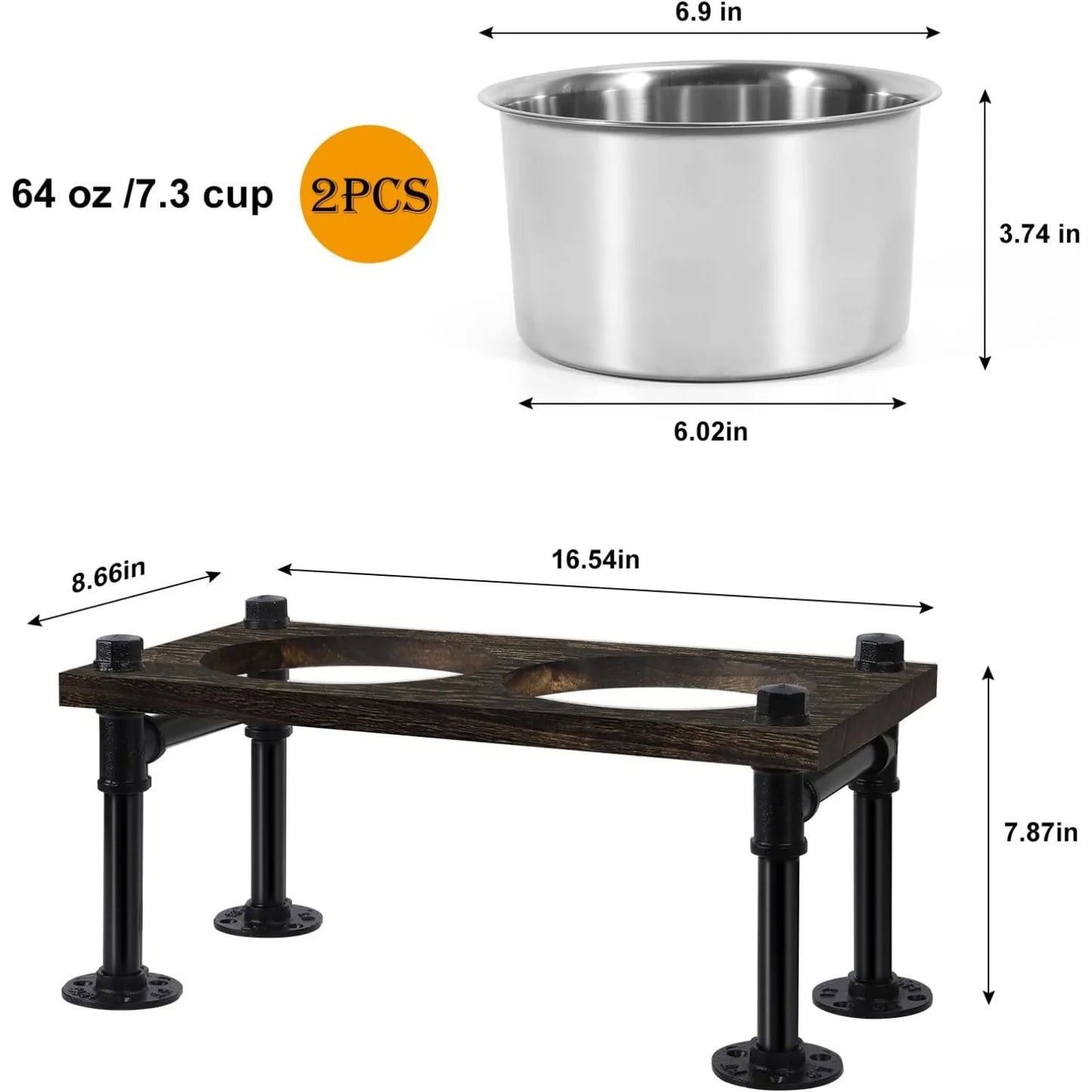 Raised Dog Bowl Stand for Large Dogs | Farmhouse Feeder w/ 2 Stainless Bowls | Waterproof Wood Board & Rustic Brown Design