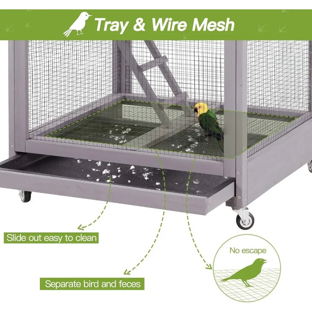 Outdoor Bird Aviary, Wooden Large Bird Cage on Wheels, Play Stand, Perches, Nest Habitat, Wire Mesh Included for Spacious Living