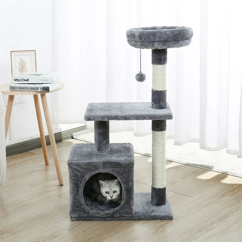 H228cm Cat Tree Toy Condo Multi-Layer Climbing Tower with Hammock Solid Wood Post for Cats