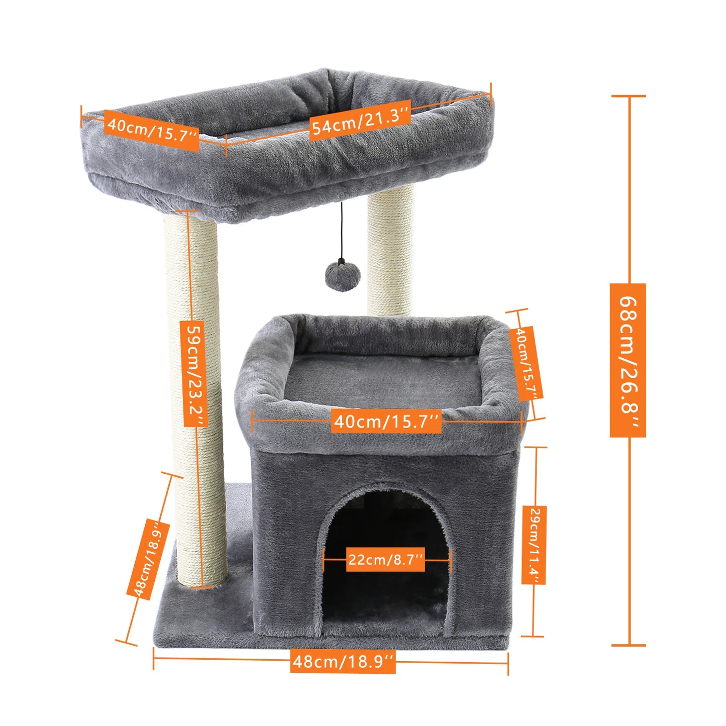 H228cm Cat Tree Toy Condo Multi-Layer Climbing Tower with Hammock Solid Wood Post for Cats