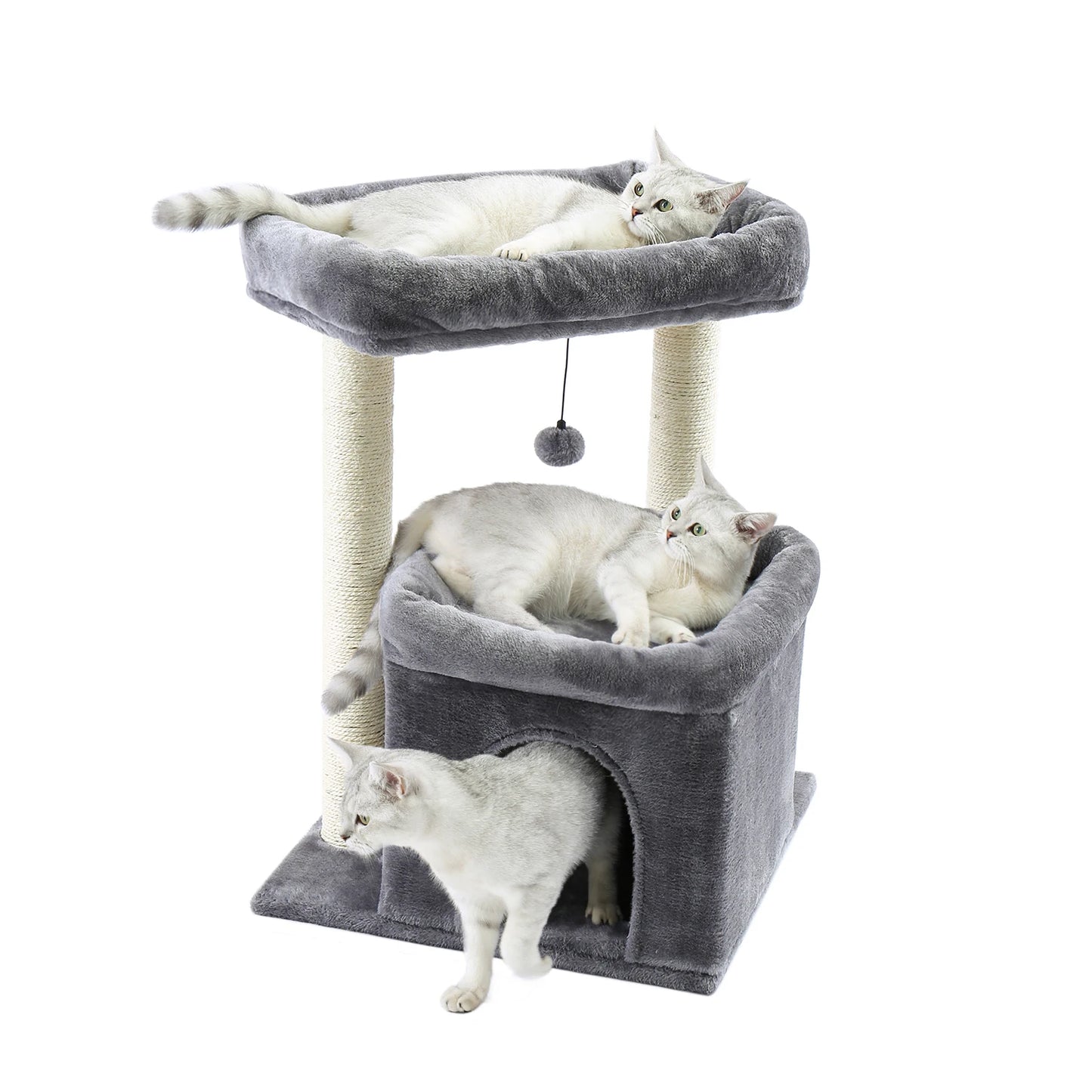 H228cm Cat Tree Toy Condo Multi-Layer Climbing Tower with Hammock Solid Wood Post for Cats