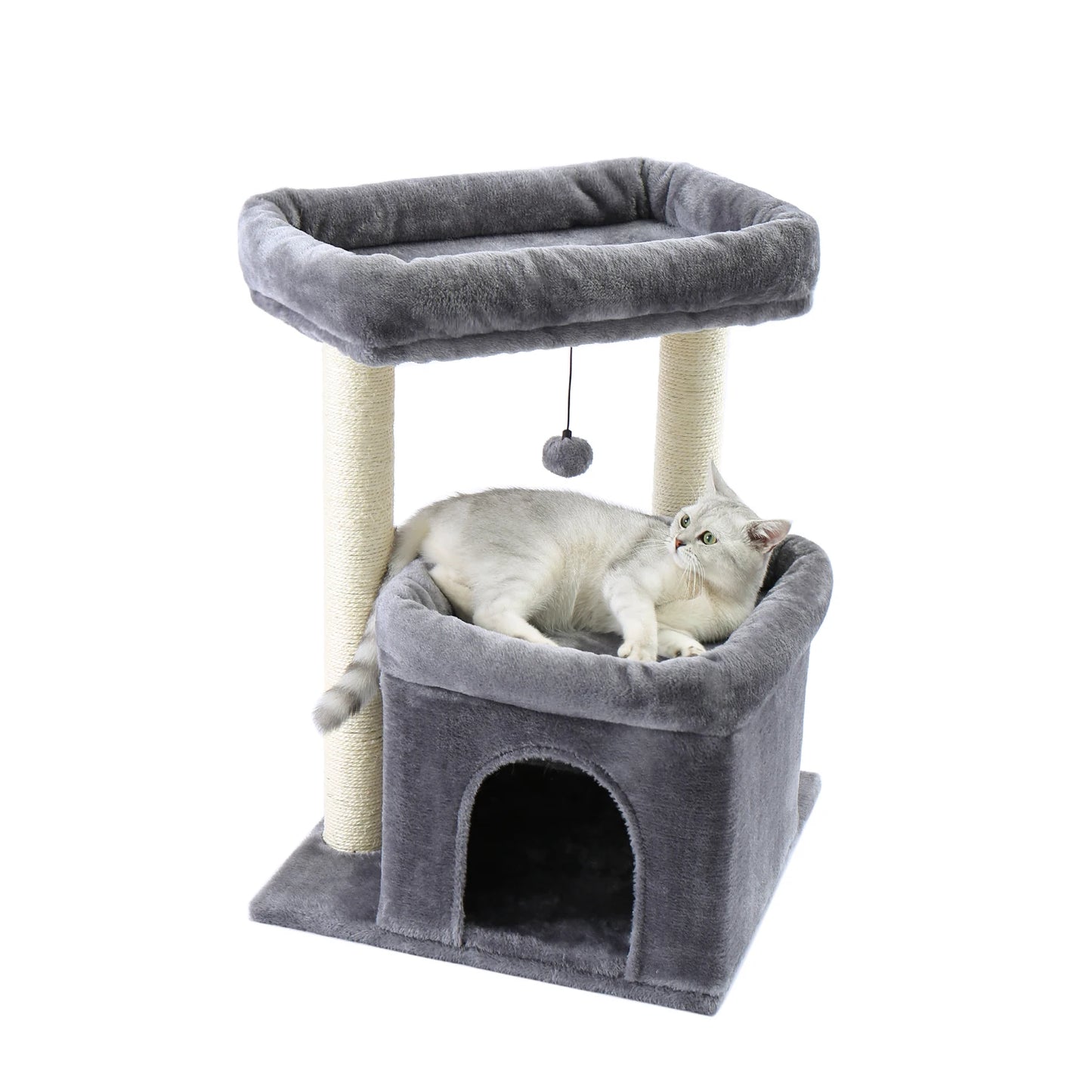 H228cm Cat Tree Toy Condo Multi-Layer Climbing Tower with Hammock Solid Wood Post for Cats