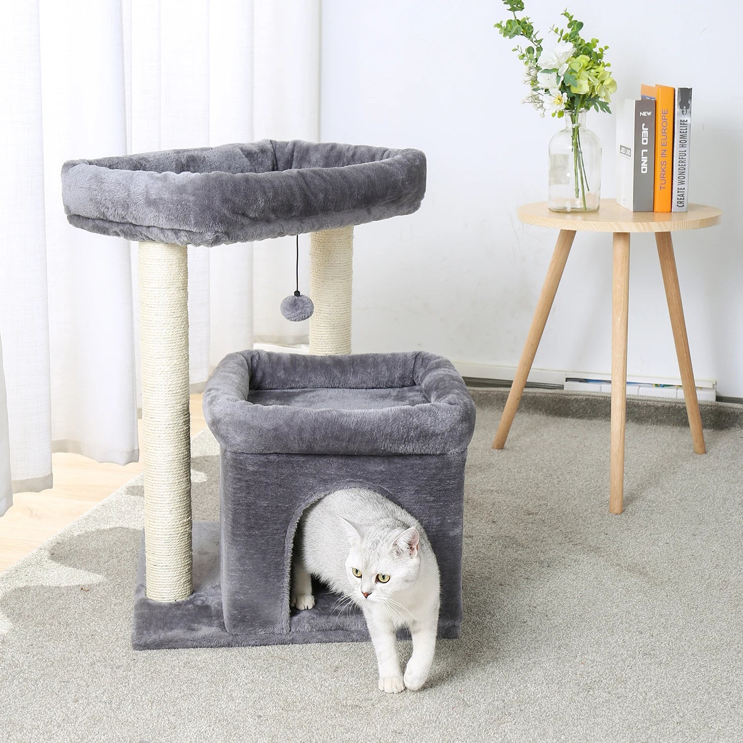 H228cm Cat Tree Toy Condo Multi-Layer Climbing Tower with Hammock Solid Wood Post for Cats