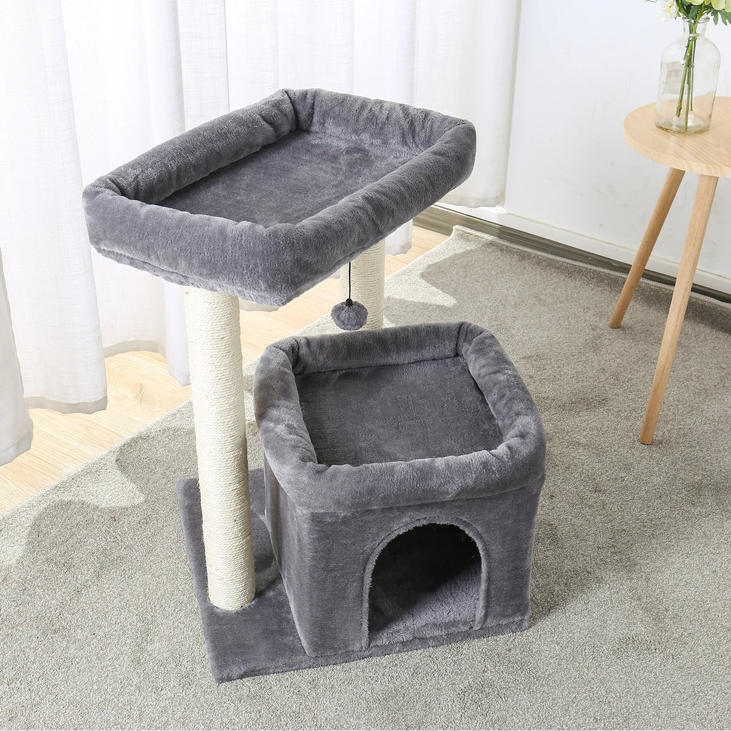 H228cm Cat Tree Toy Condo Multi-Layer Climbing Tower with Hammock Solid Wood Post for Cats